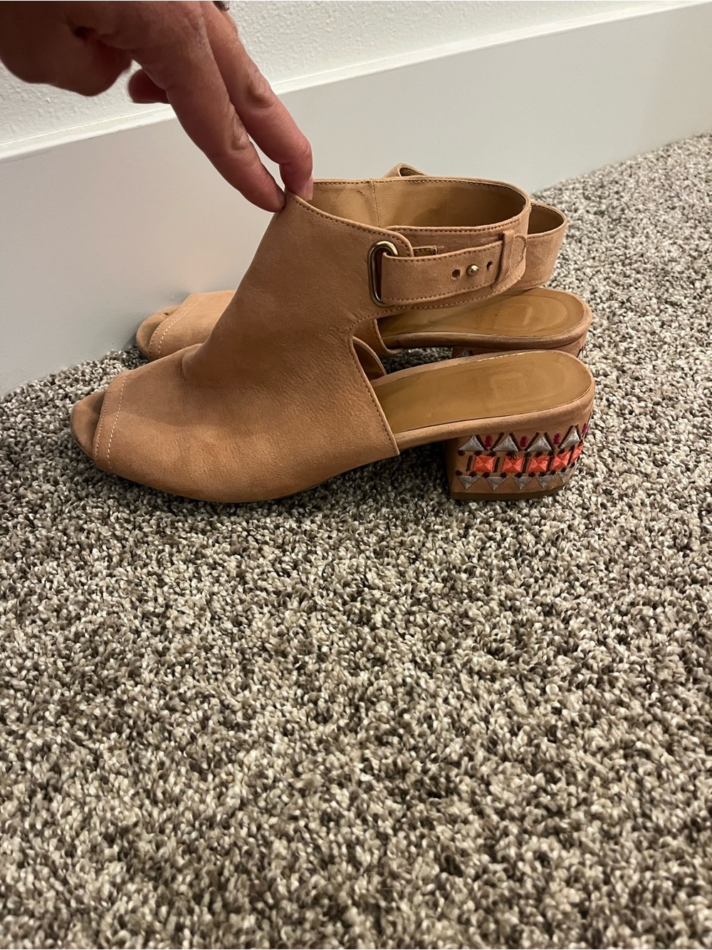 Women's Tan Peep-Toe Slingback Block Heel Booties